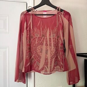PRETTY GOOD red pink printed sheer bell long sleeve tie detail y2k blouse top